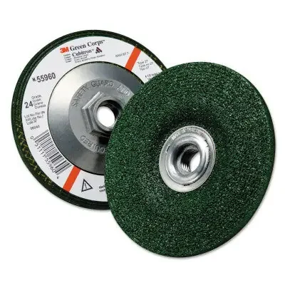 3M Green Corps Depressed Center Wheel, 4 1/2 in Dia, 1/8″ Thick, 5/8″-11 Arbor, 24 Grit