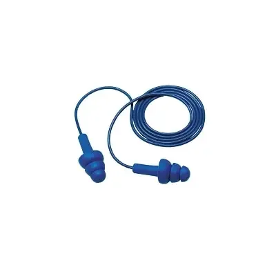 E-A-R Ultrafit Earplugs, Elastomeric Polymer, Blue, Corded, Poly Bag, Metal Detectable