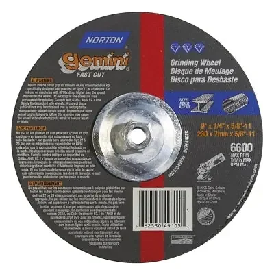 Gemini Depressed Center Wheel, FastCut, 9″ Dia, 1/4″ Thick, 5/8″ Arbor