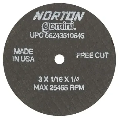 Gemini Type 1 Reinforced Cut-Off Wheel, 3 in dia, 1/16 in Thick, 1/4 in Arbor, 36 Grit, Aluminum Oxide