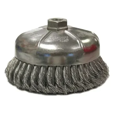 Single Row Heavy-Duty Knot Cup Brush, 6 in dia, 5/8-11 UNC, 0.014 Steel Wire
