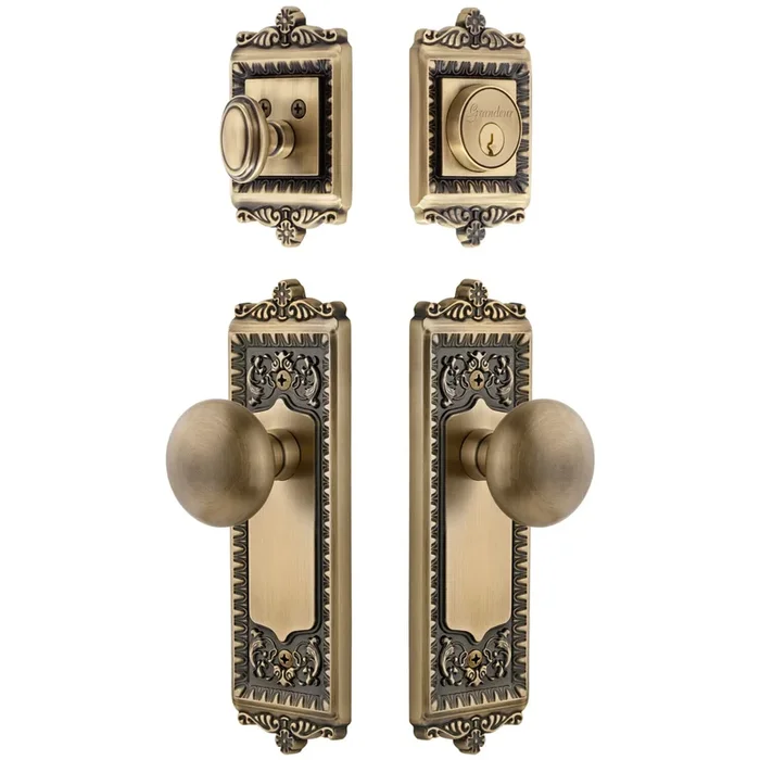 Windsor Long Plate Entry Set with Fifth Avenue Knob in Vintage Brass – Grandeur