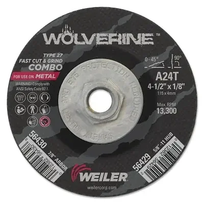 Wolverine Combo Wheel, 4-1/2 in dia, 1/8 Thick, 5/8 in – 11 UNC Arbor, 24 Grit