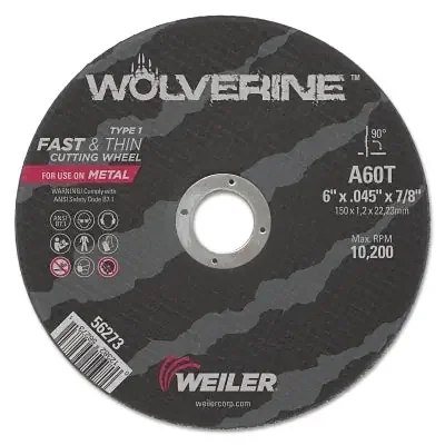 Wolverine Cut-Off Wheel, Type 1, AO, 6 in dia x 1/4 in Arbor x 1/8 in Thick, 36T, 50 EA/BX