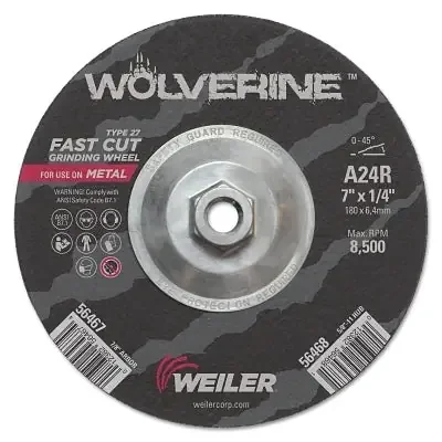 Wolverine Grinding Wheel, 7 in dia x 5/8 in-11 UNC Arbor x 1/4 in Thick, AO, 24R